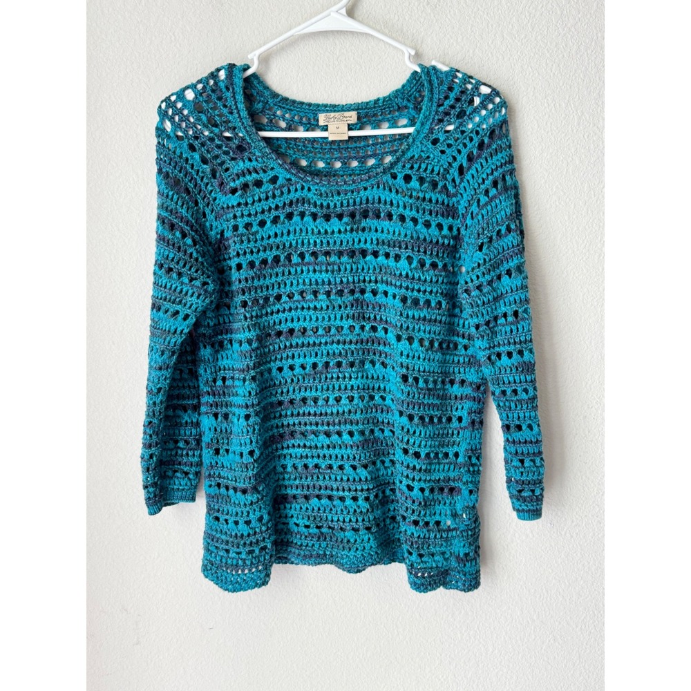 Lucky Brand Crochet Knit Sweater Teal Blue Striped Boho Scoop Neck Pullover M